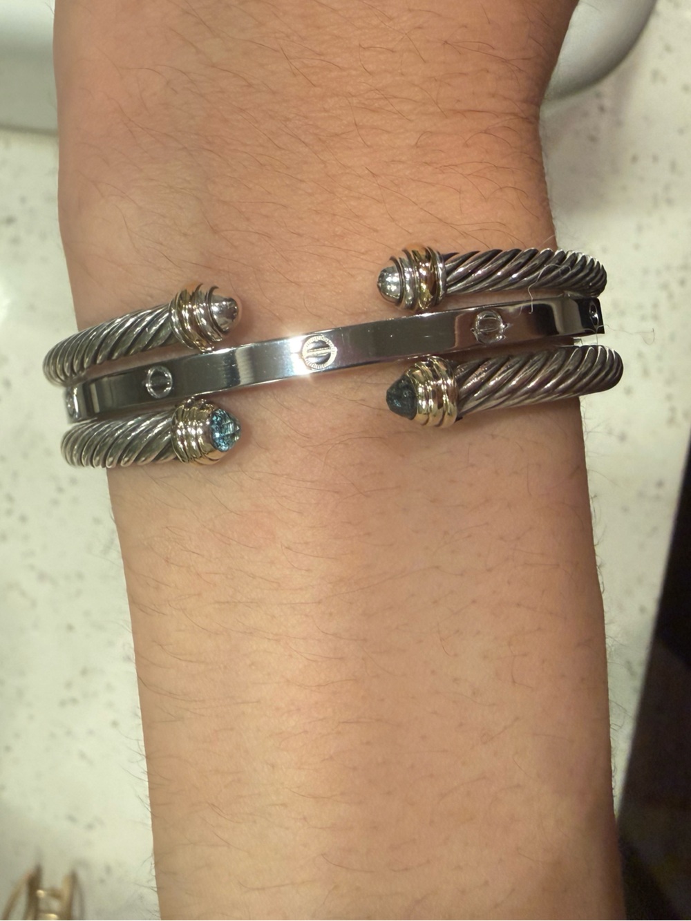 David Yurman Two-Tone Cable Cuff Bracelet with Blue Gem Tips